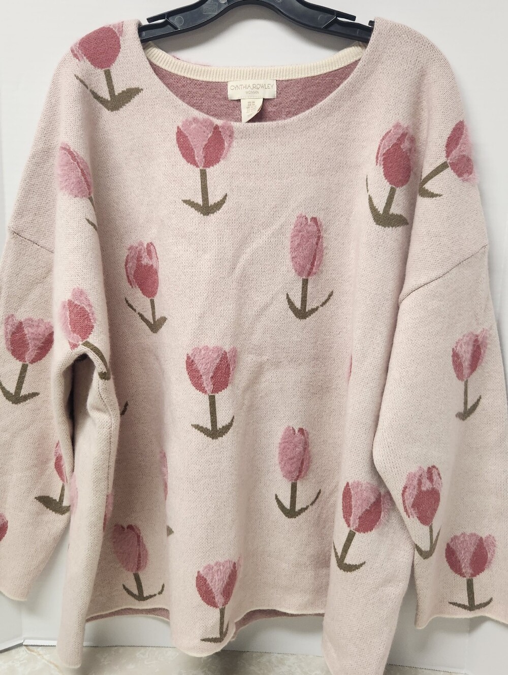 Cynthia Rowley Woman Sz 3X Dusty Pink Sweater w/ Tulips Floral Design